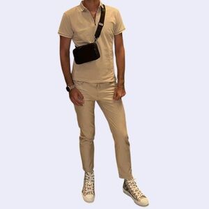 Tan, cream polo t-shirt and pants